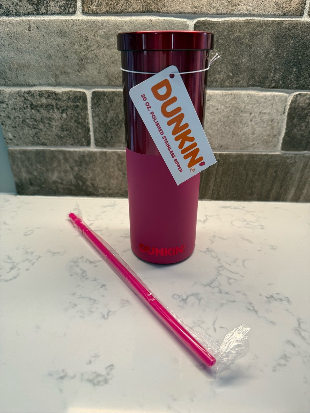 NEW Dunkin Pink 20oz Polished Stainless Sipper